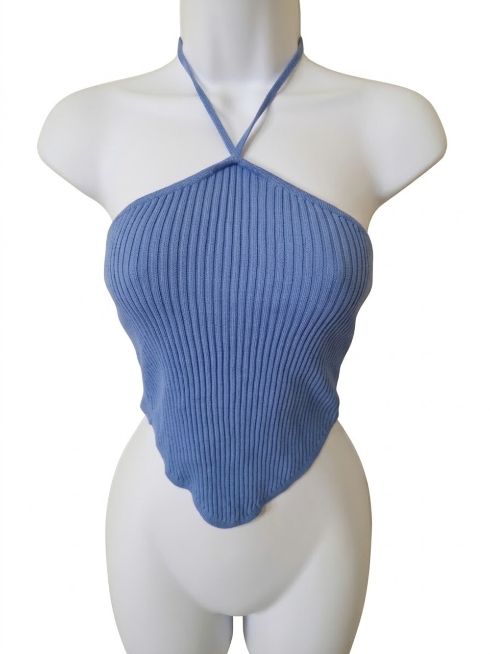 Hello Molly Denim Blue Ribbed Halter Crop Top